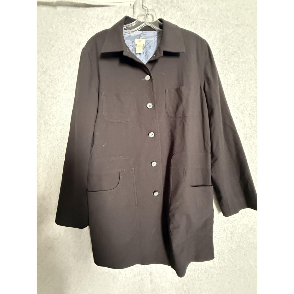J Jill Coat Womens 12 Black Stretch Button Front Patch Pockets Lined Mid‎ Length
